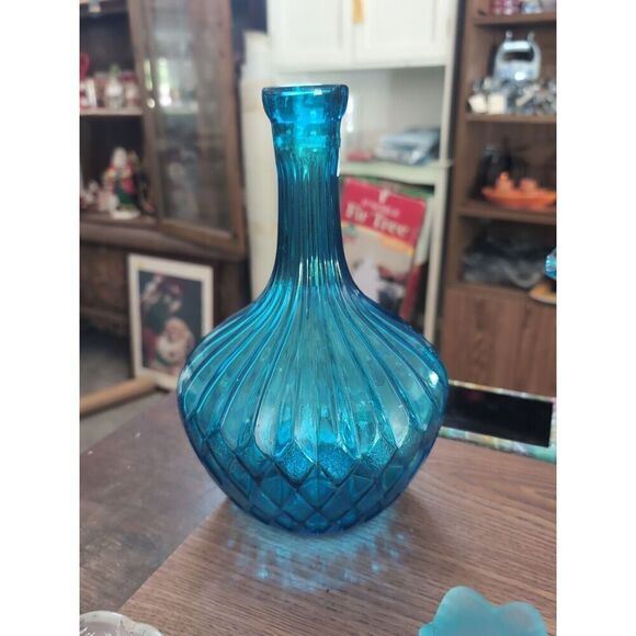 Vintage Empoli Genie Decanter Bottle Glass Aqua Blue 12” Tall Italy Stopper Misg - Picture 1 of 7